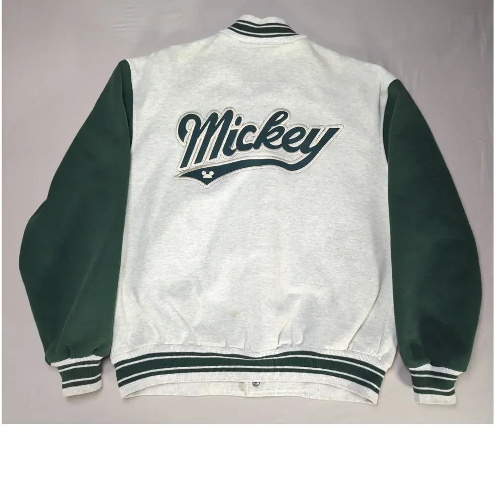 VTG Disney Mickey & Co Varsity Jacket Green White Button Up Spellout Size L